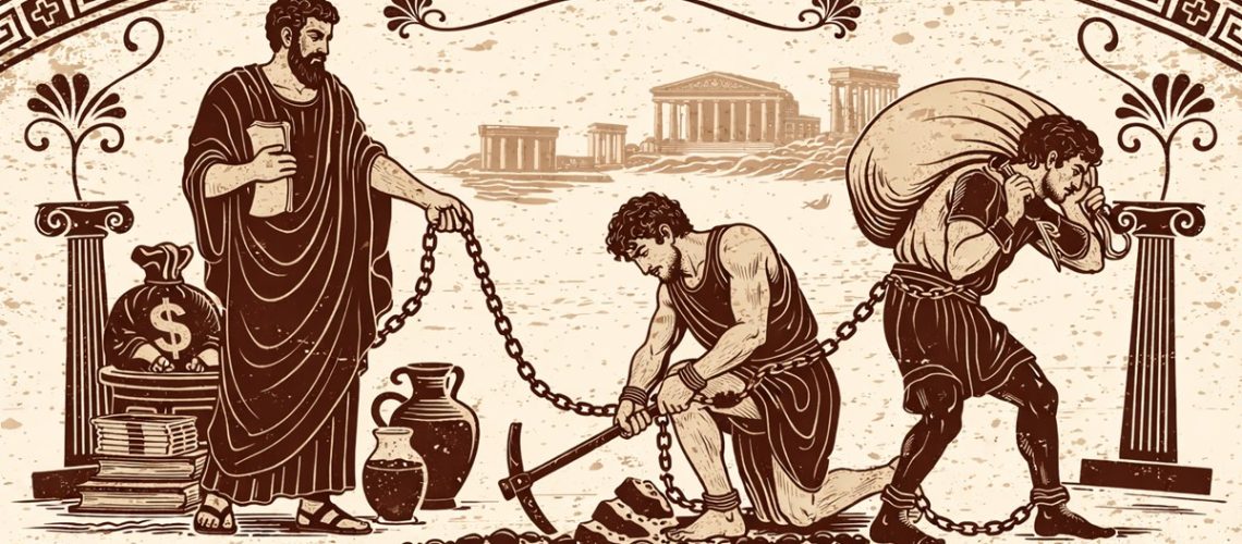 Ilustração em estilo de arte clássica representa a escravidão por dívidas na Antiguidade.
Imagem: gerada por IA (ChatGPT) — uso livre para fins editoriais.